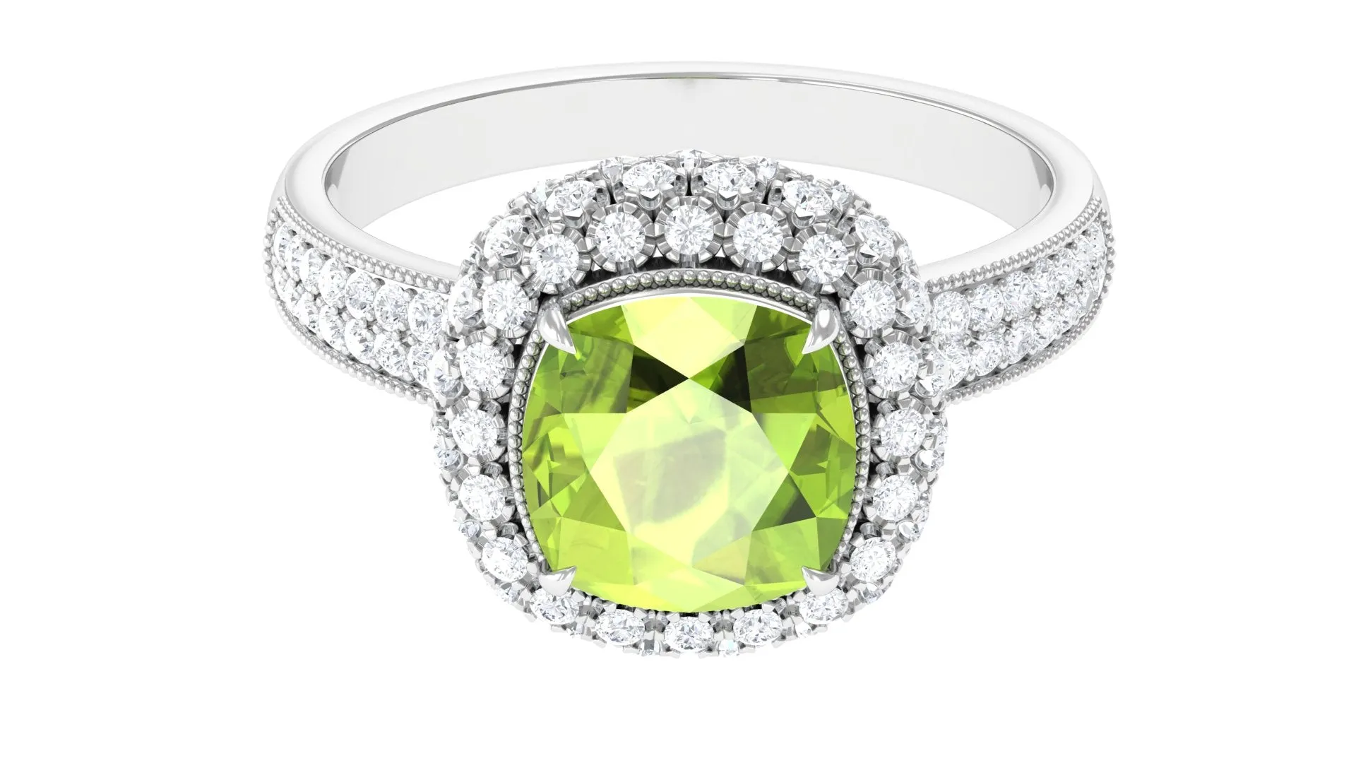 Cushion Cut Peridot Statement Engagement Ring with Moissanite