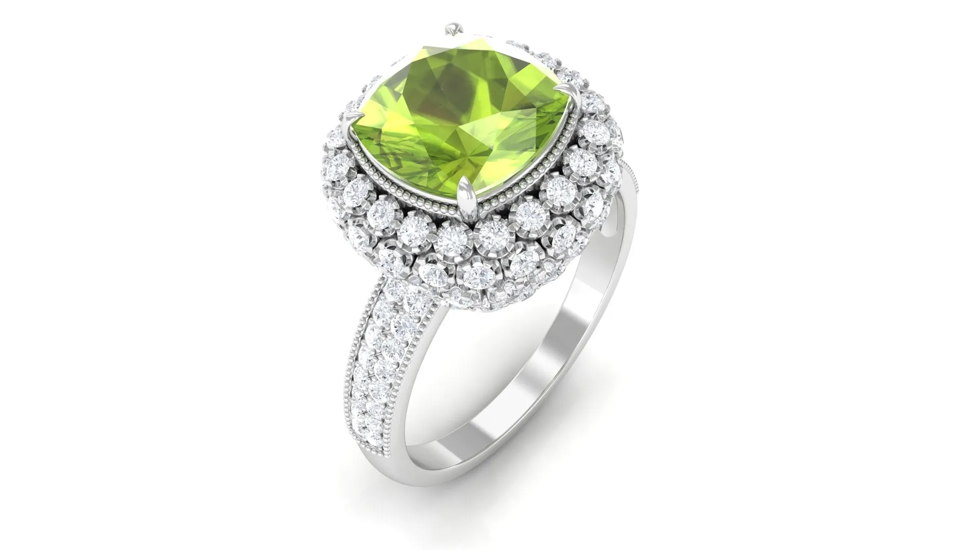 Cushion Cut Peridot Statement Engagement Ring with Moissanite