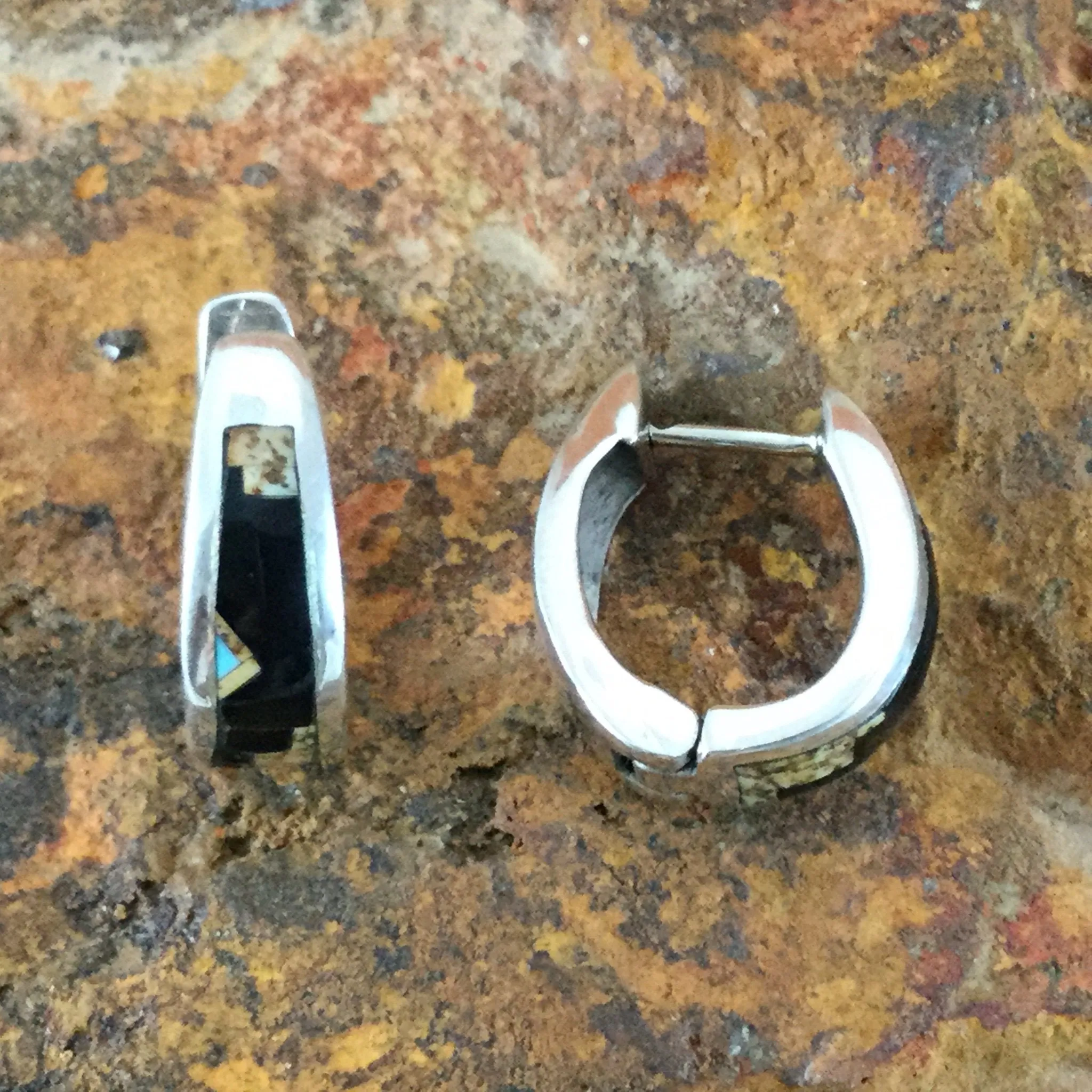 David Rosales Turquoise Creek Fancy Inlaid Sterling Silver Earrings Huggies