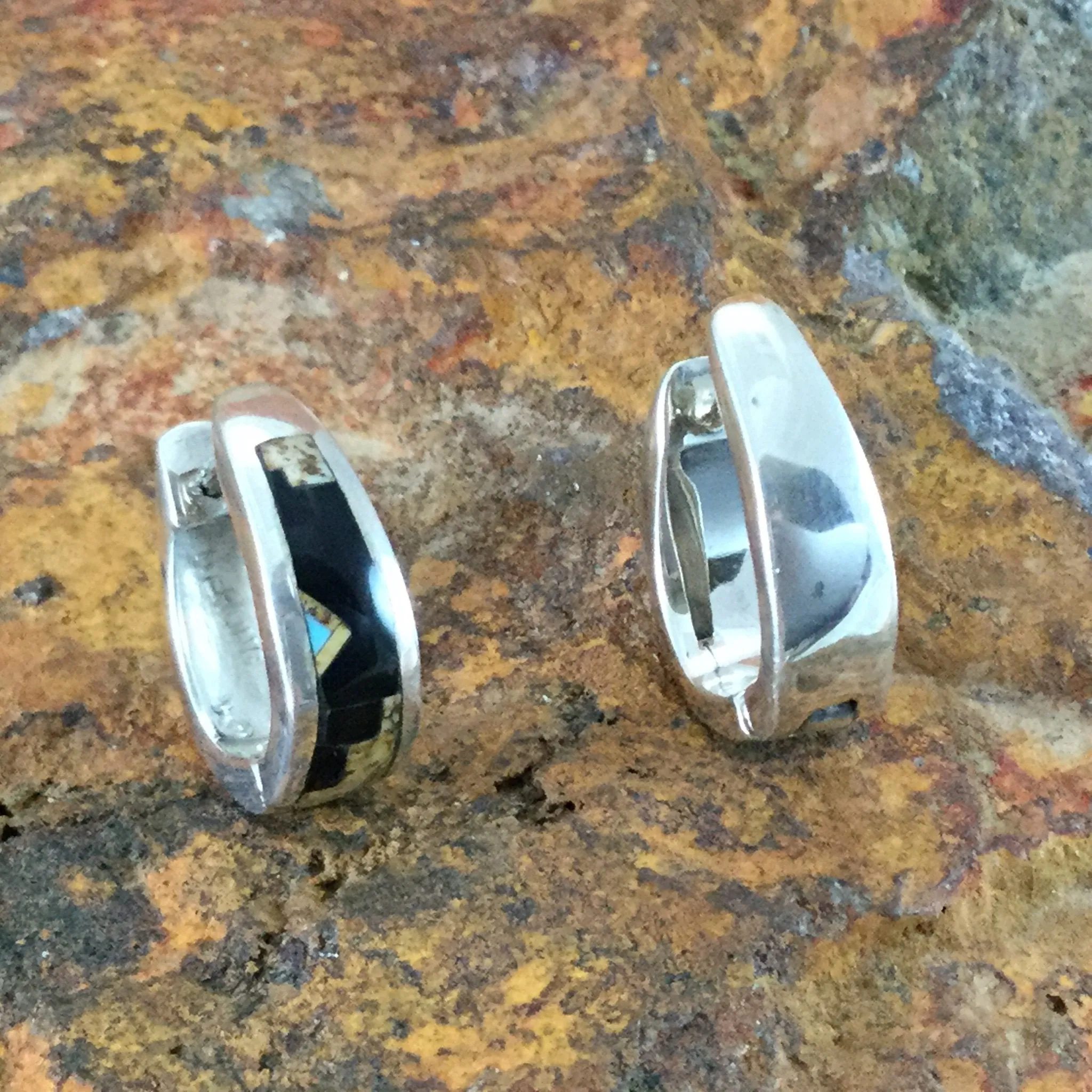 David Rosales Turquoise Creek Fancy Inlaid Sterling Silver Earrings Huggies