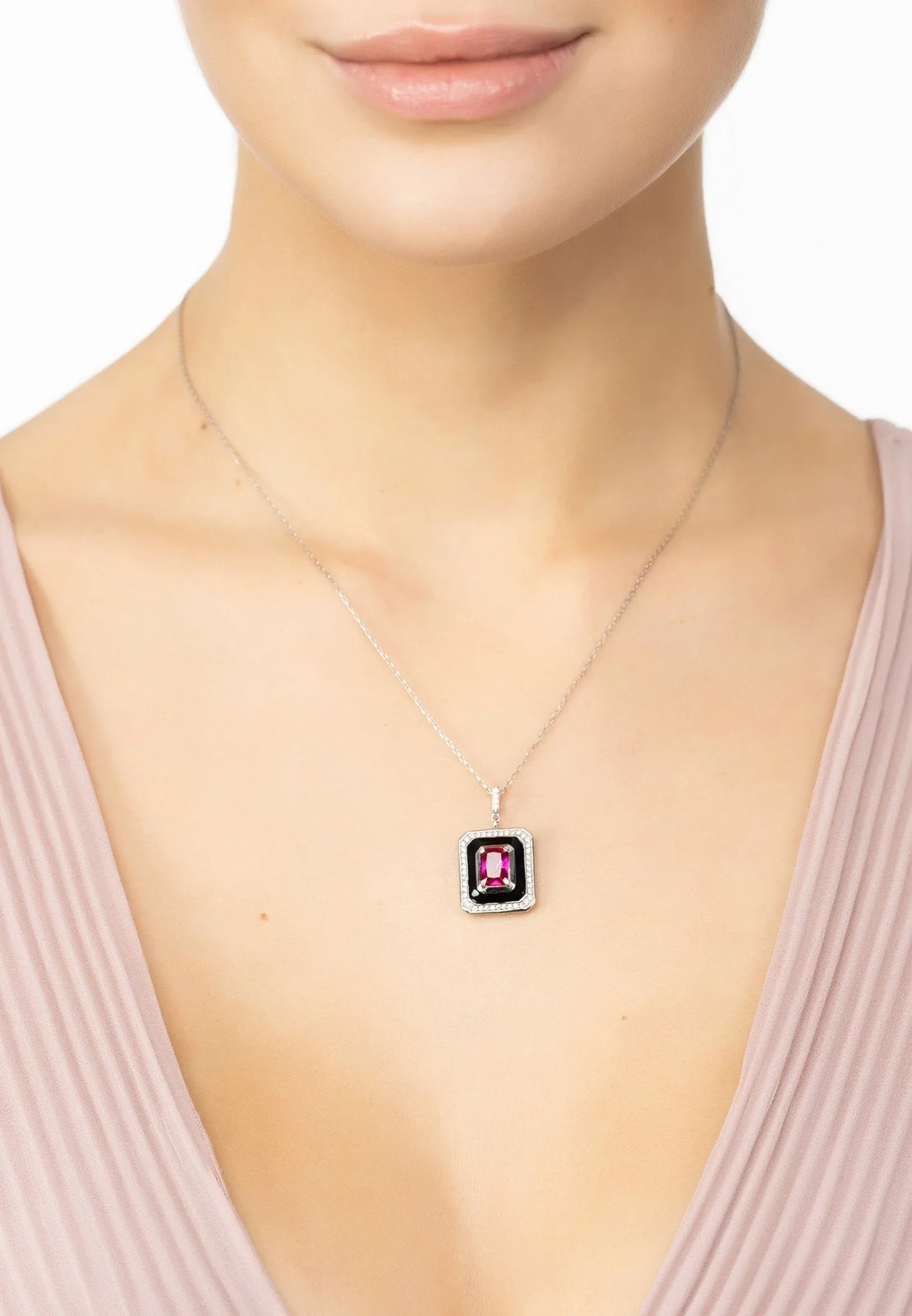 Deco Ruby & Enamel Necklace Silver