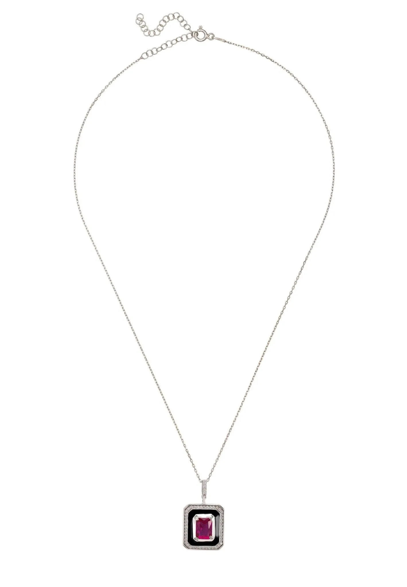 Deco Ruby & Enamel Necklace Silver
