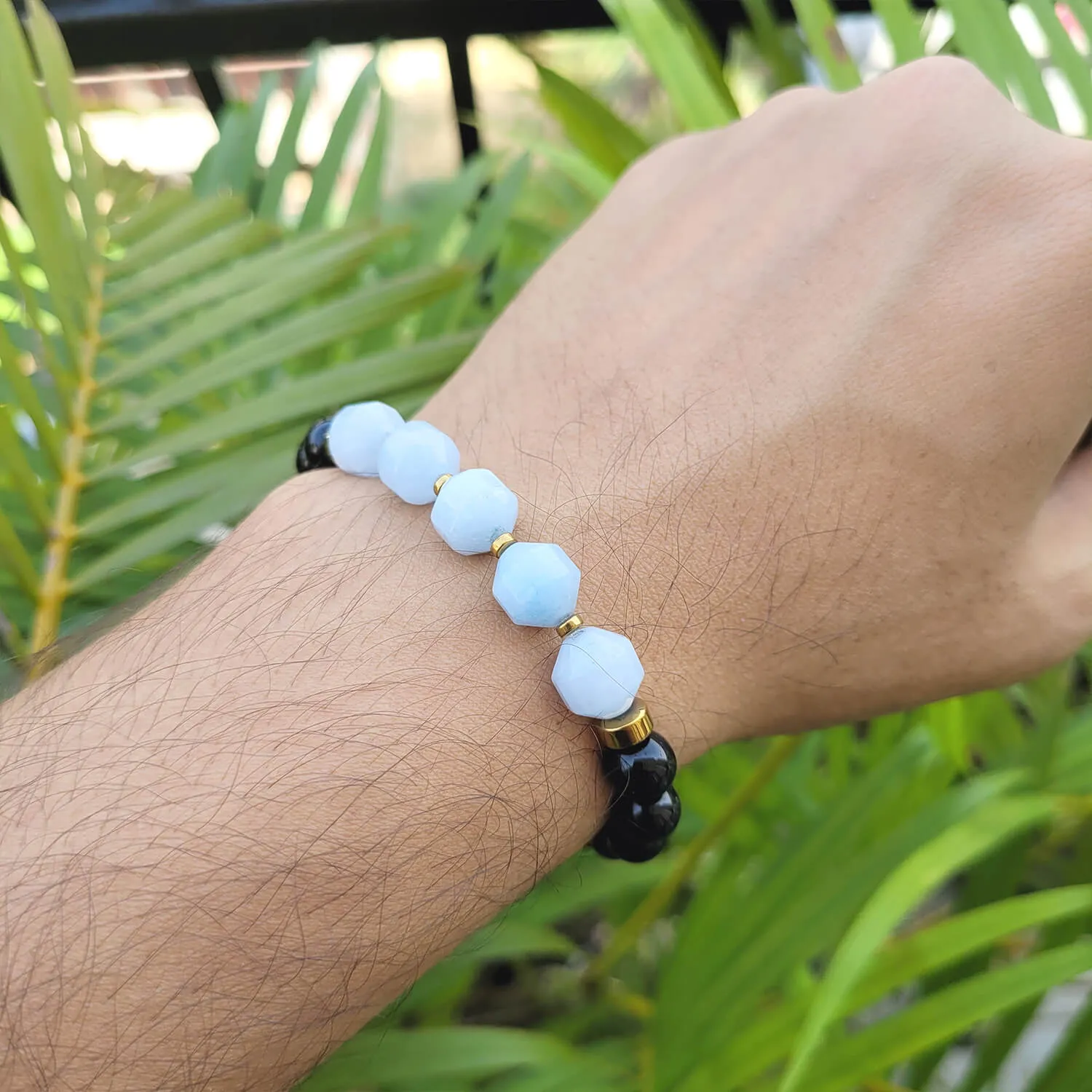Diamond Cut Aquamarine With Black Obsidian And Golden Hematite Bracelet