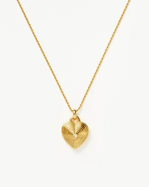 Engravable Heart Ridge Locket Pendant Necklace | 18ct Gold Vermeil/Rainbow Moonstone