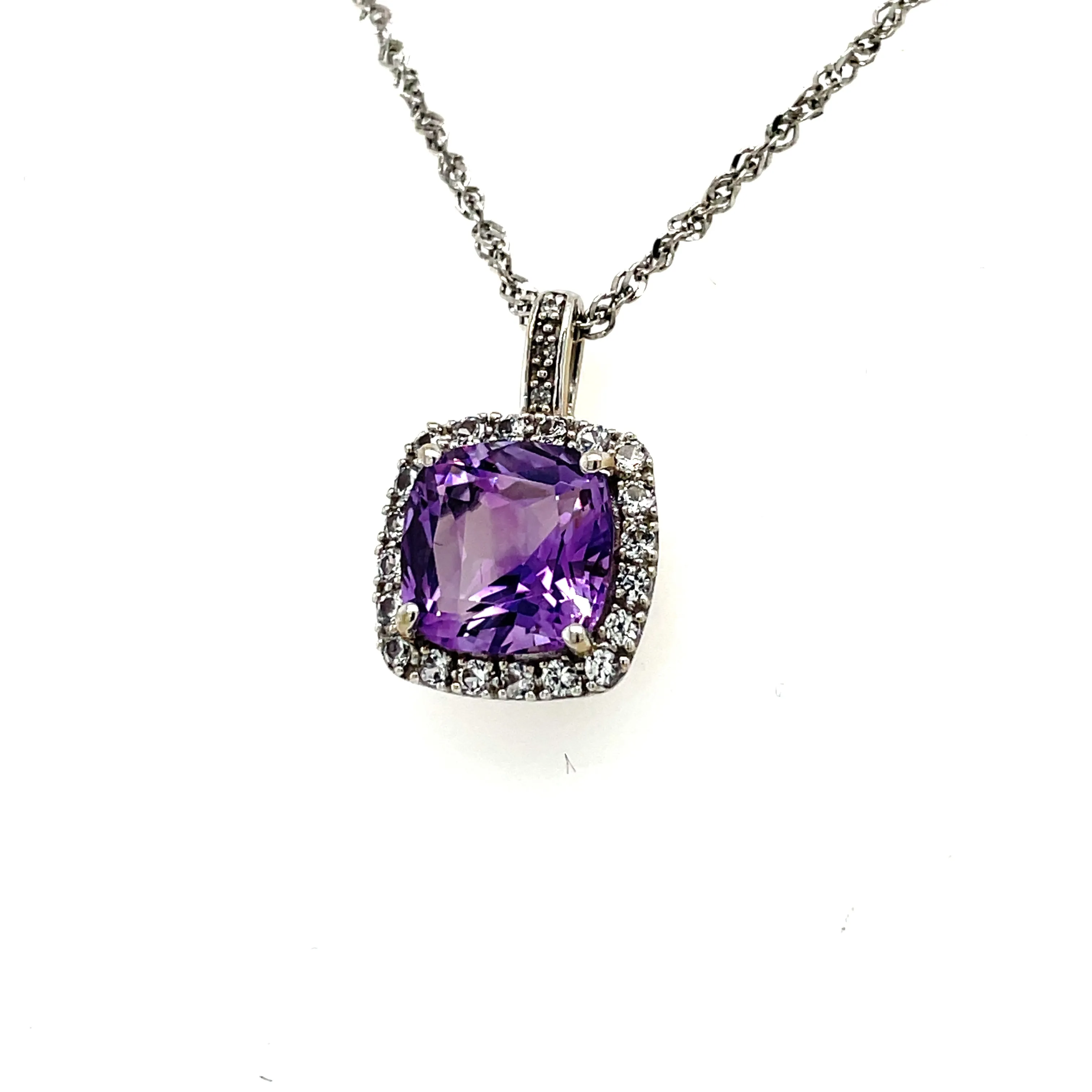 Estate 10K Cushion Amethyst Halo Style Necklace