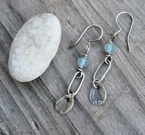 Fine Silver Aquamarine Gemstone Earrings. Into the Forest. Tree Charm Dainty Hoop Earrings.