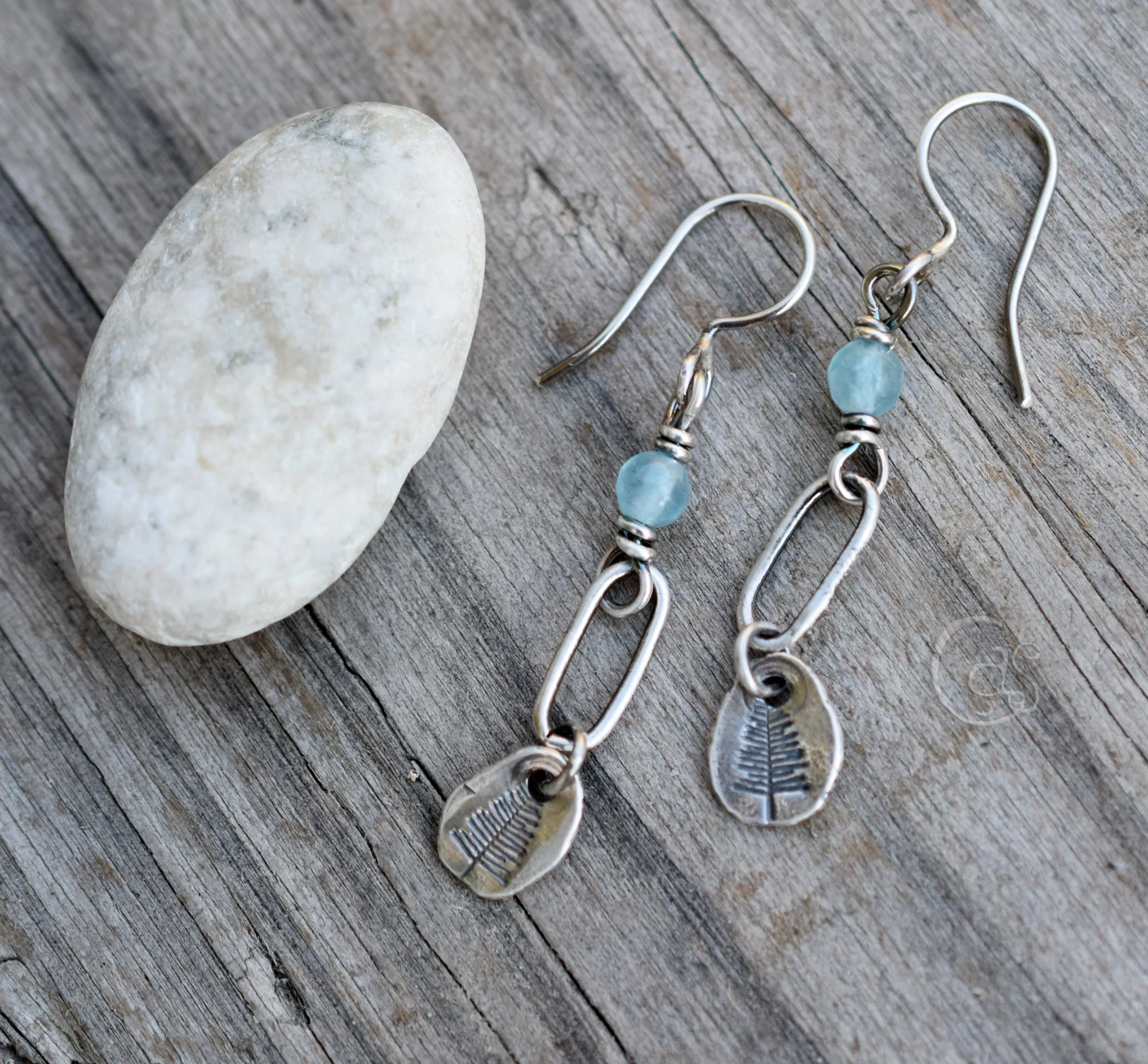 Fine Silver Aquamarine Gemstone Earrings. Into the Forest. Tree Charm Dainty Hoop Earrings.
