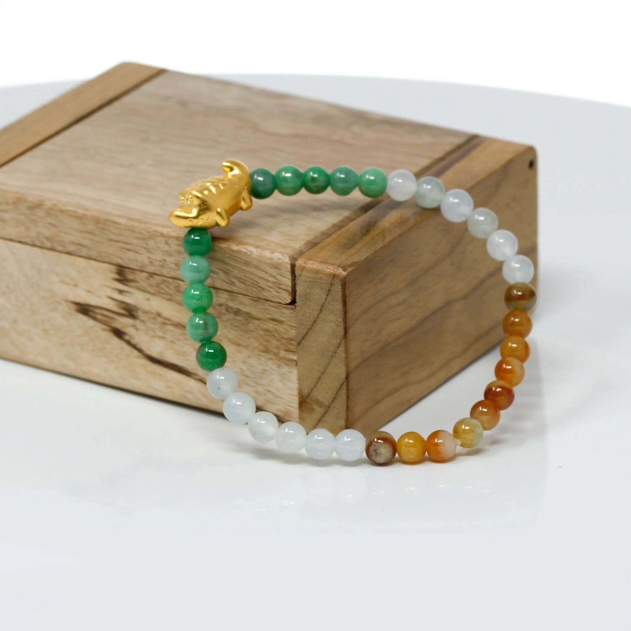 Genuine High-quality Jade Jadeite Bracelet Bangle with 24k Yellow Gold Crocodile Charm Colorful  #412