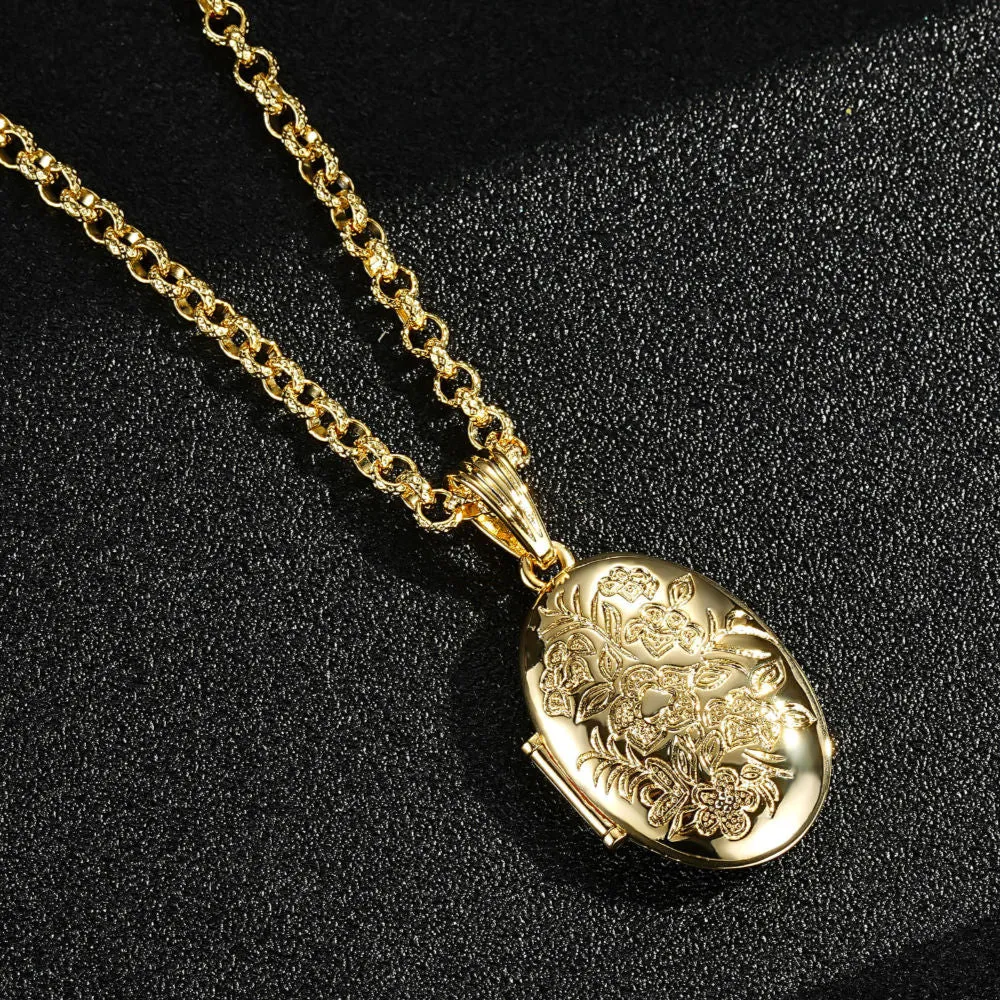 Gold Filled Bonded Oval Locket with Floral Design 22 Inch 4mm Belcher Chain