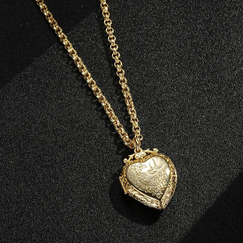 Gold Filled Heart Locket with Birds and Flowers 22 Inch 4mm Belcher Chain