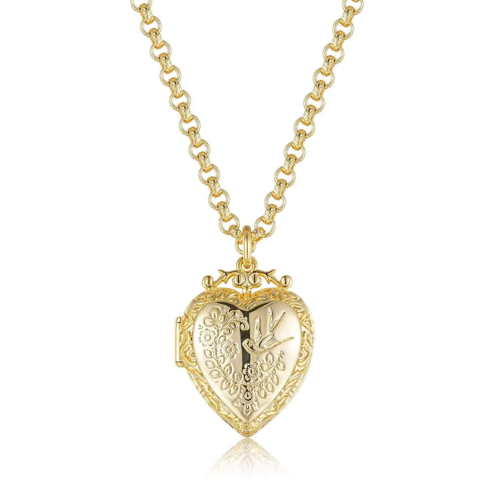 Gold Filled Heart Locket with Birds and Flowers 22 Inch 4mm Belcher Chain