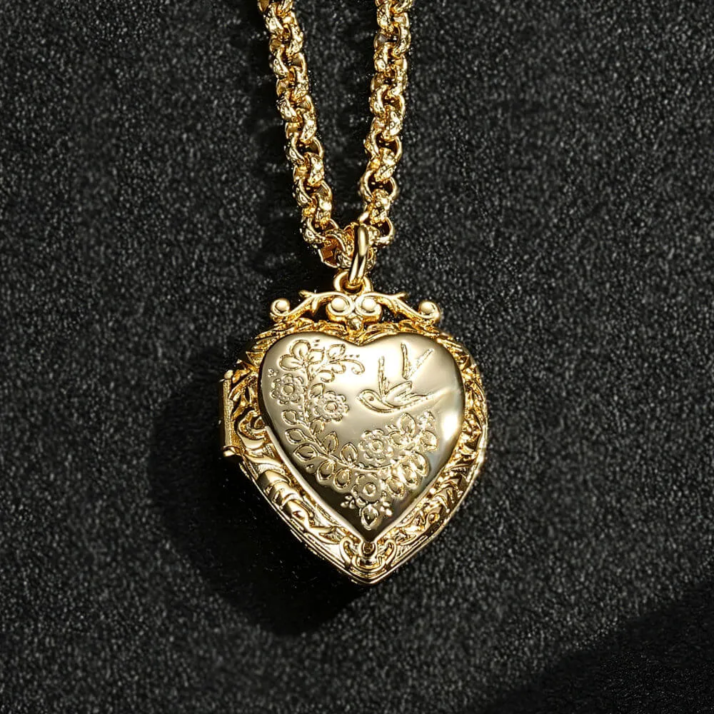 Gold Filled Heart Locket with Birds and Flowers 22 Inch 4mm Belcher Chain