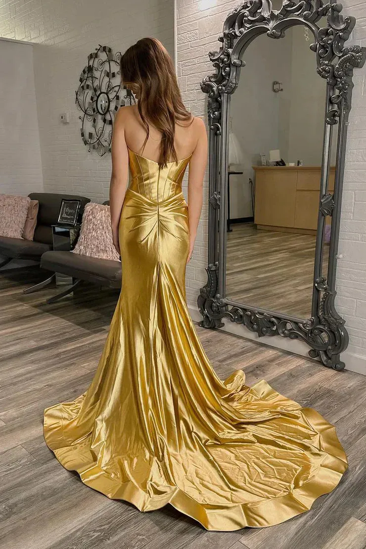 Gold Sweetheart Satin Mermaid Long Prom Dress with Slit Charming Evening Dress Wholesale