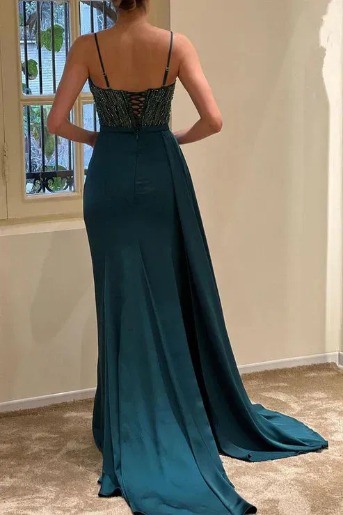 Gorgeous Straps Beading Sheath Long Formal Party Dress Charming Evening Dress With Slit