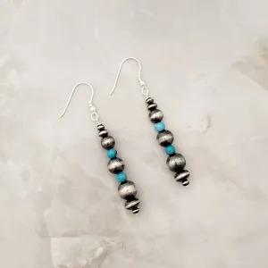 Graduated Navajo Pearls & Blue Turquoise Drop Dangle Earrings Sterling Silver NPE016