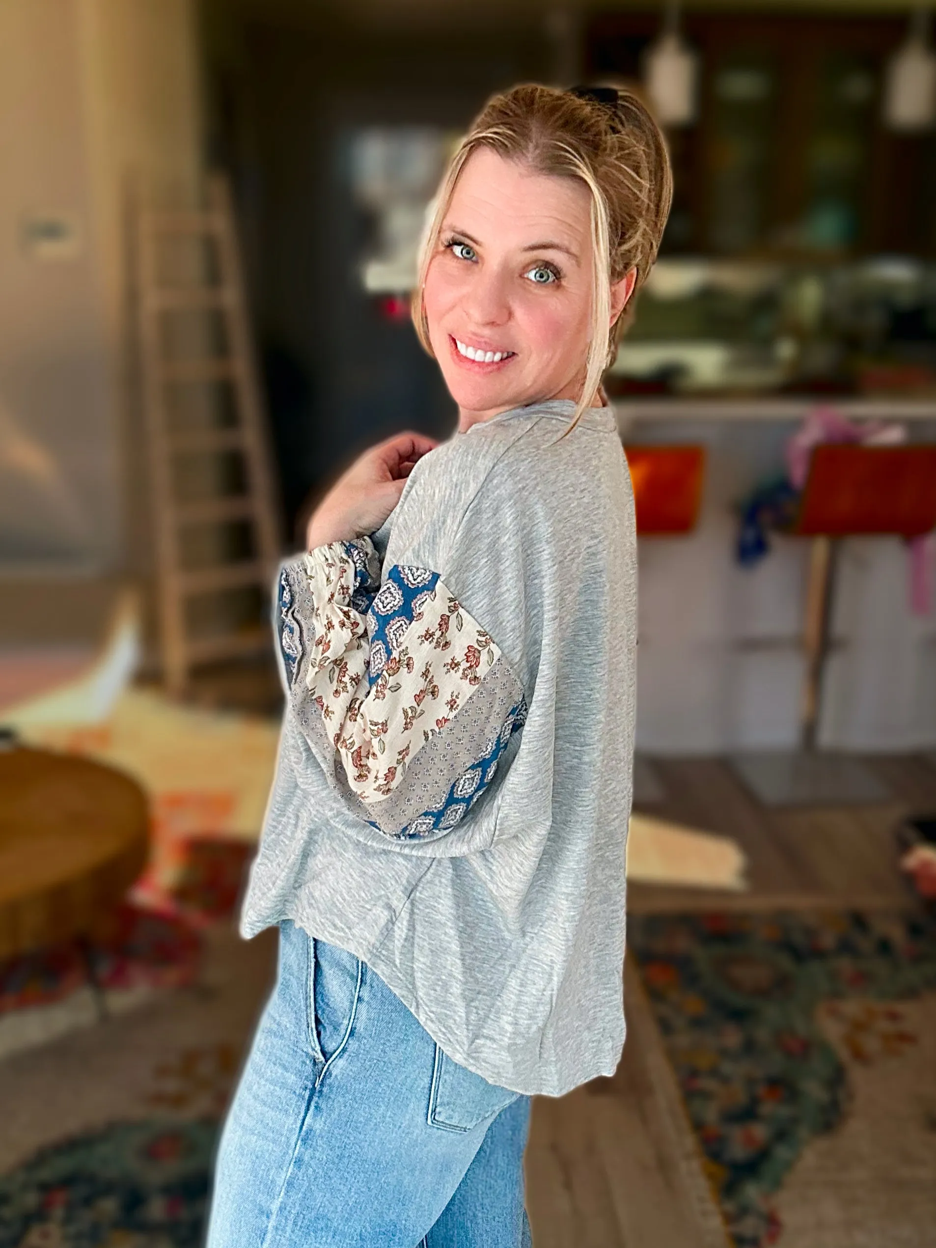 Gray Top with Mixed Print Sleeves - Jade by Jane