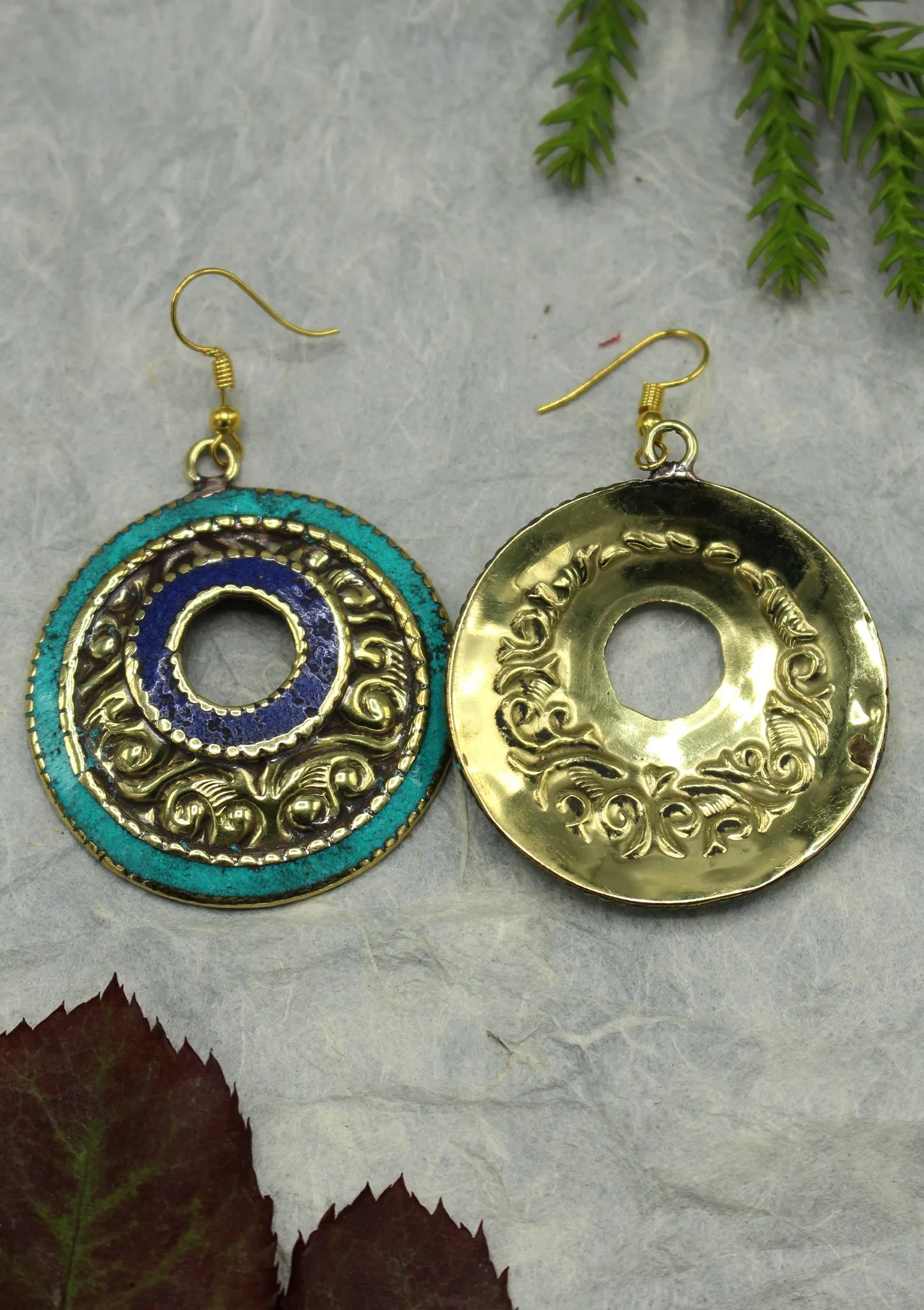 Handmade Round Turquoise and Lapis Resin Inlaid Mirr Hook Earrings