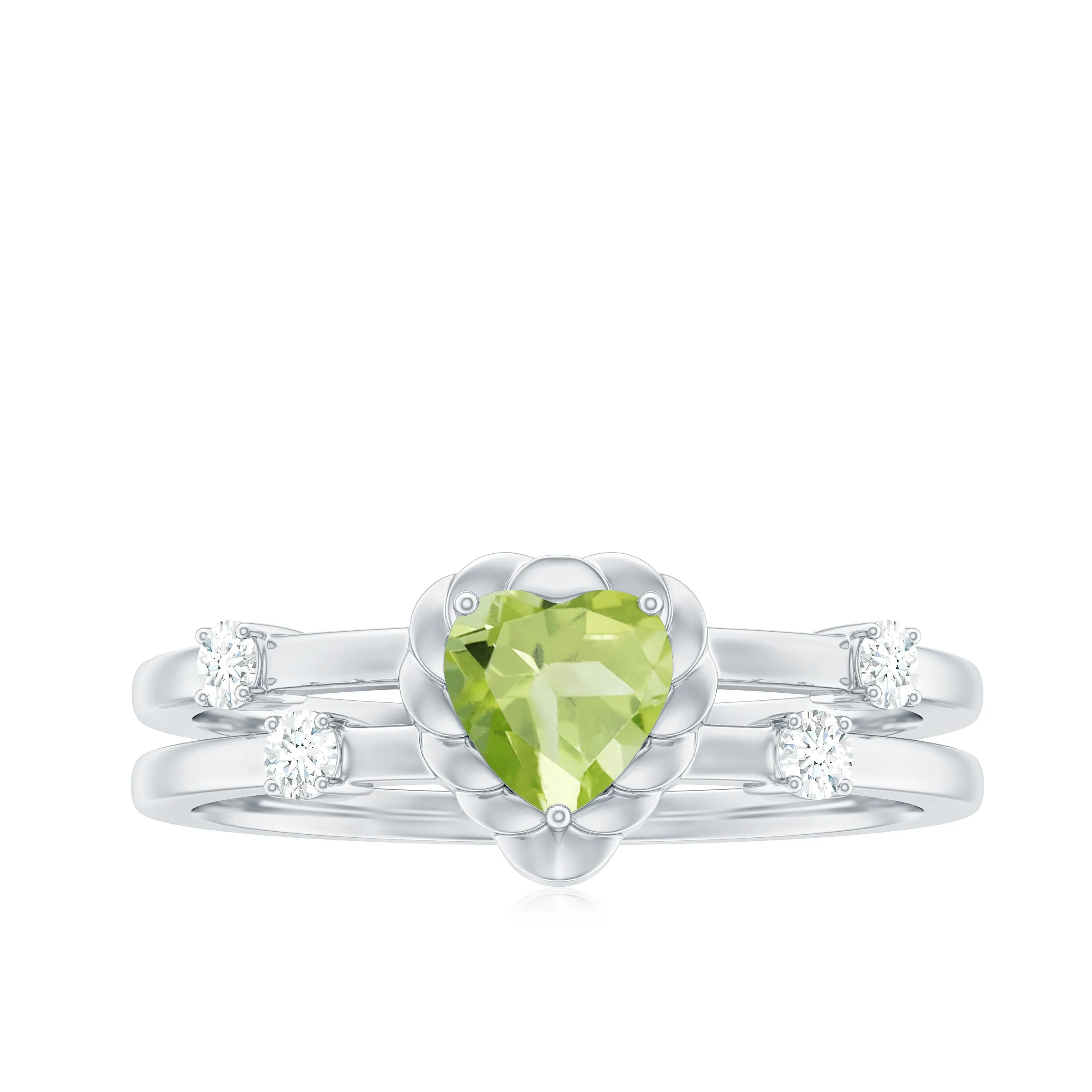 Heart Shape Peridot Solitaire Band Ring with Diamond Stones