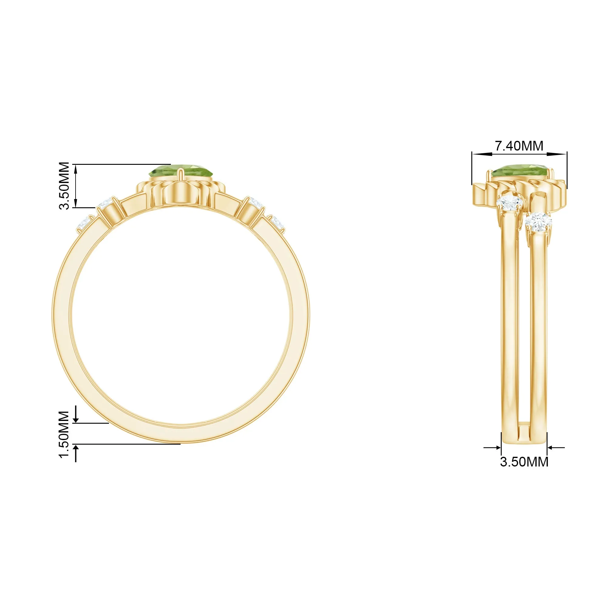 Heart Shape Peridot Solitaire Band Ring with Diamond Stones
