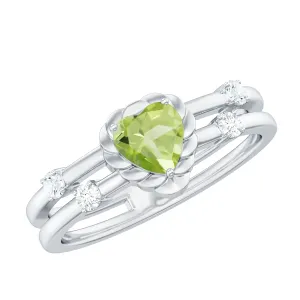 Heart Shape Peridot Solitaire Band Ring with Diamond Stones