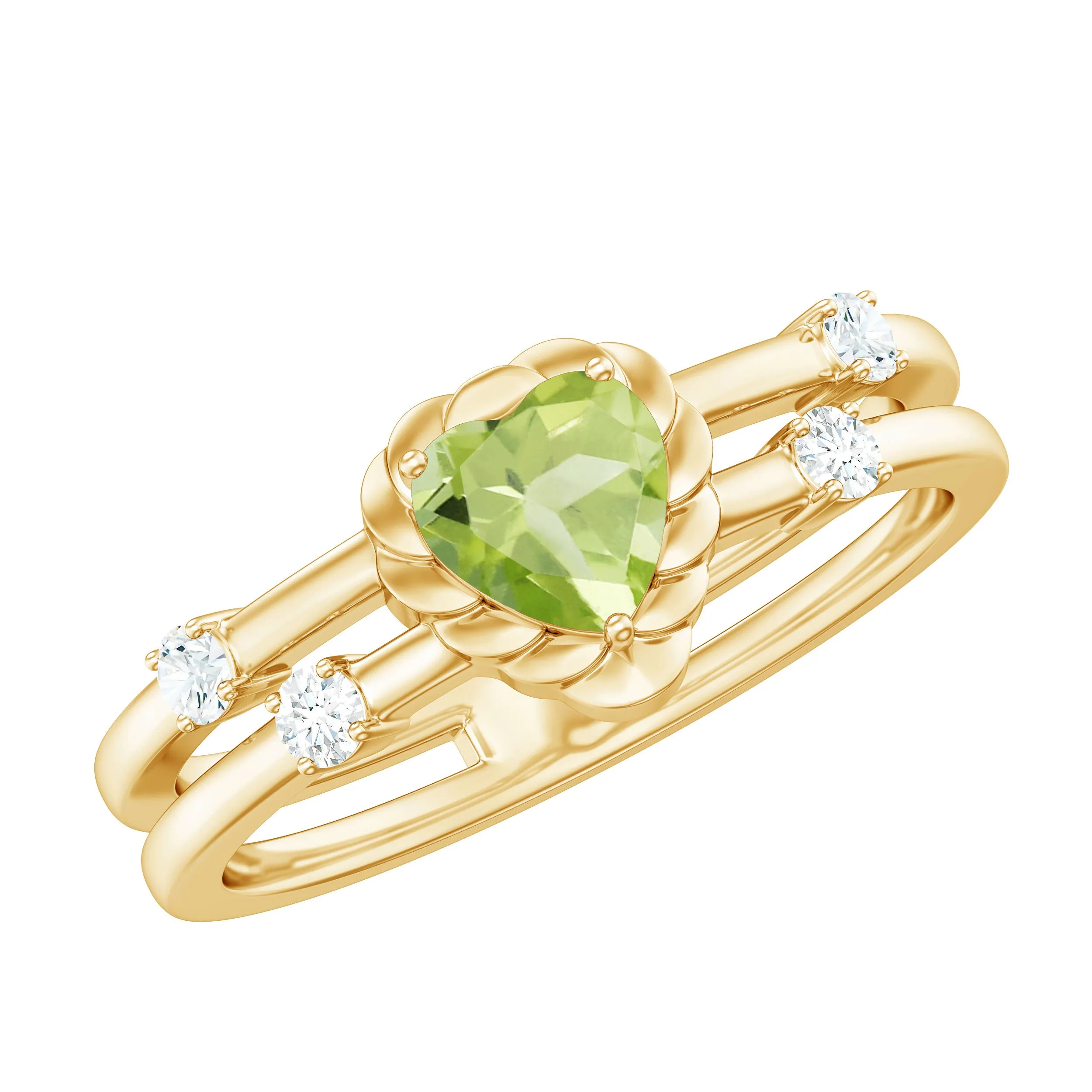 Heart Shape Peridot Solitaire Band Ring with Diamond Stones