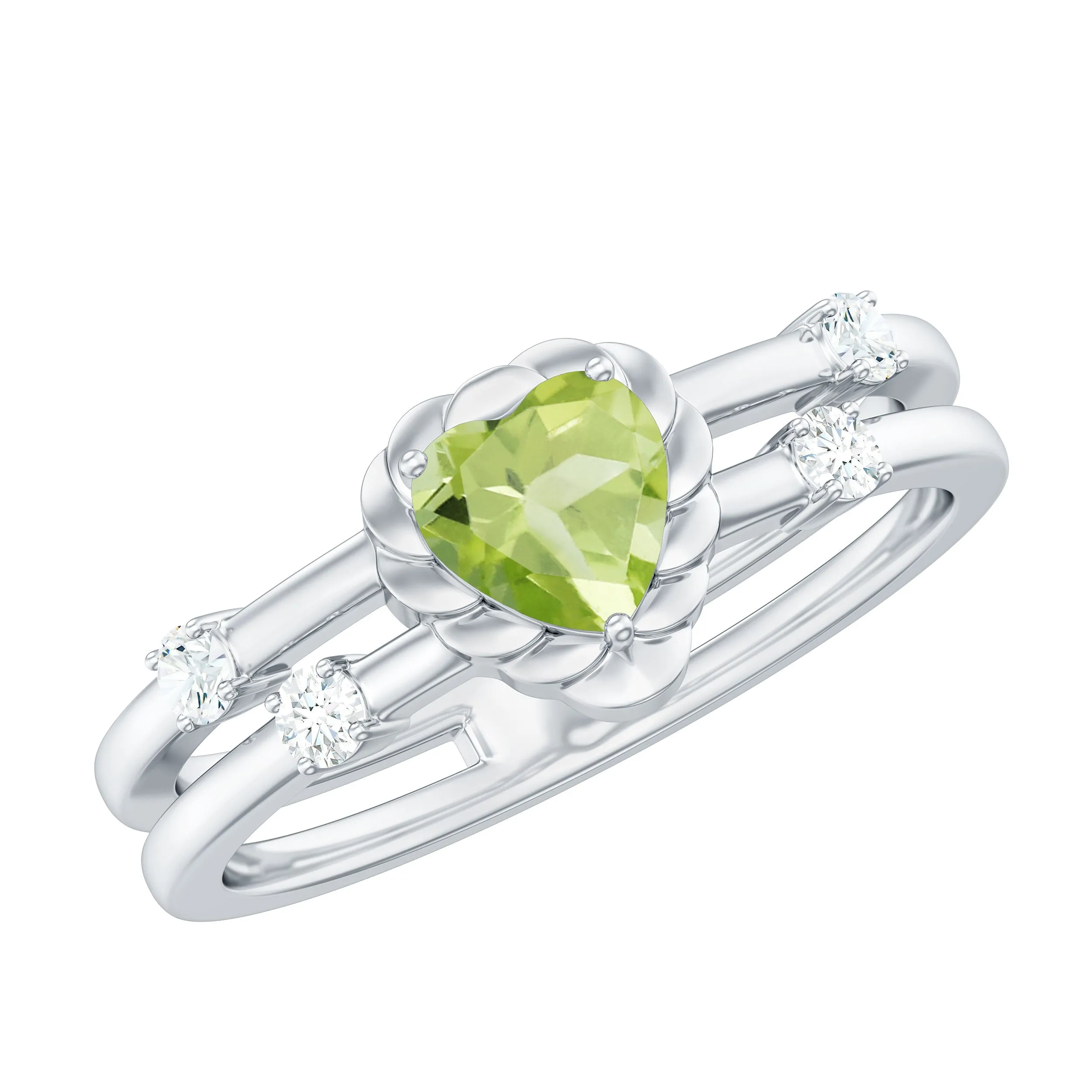 Heart Shape Peridot Solitaire Band Ring with Diamond Stones
