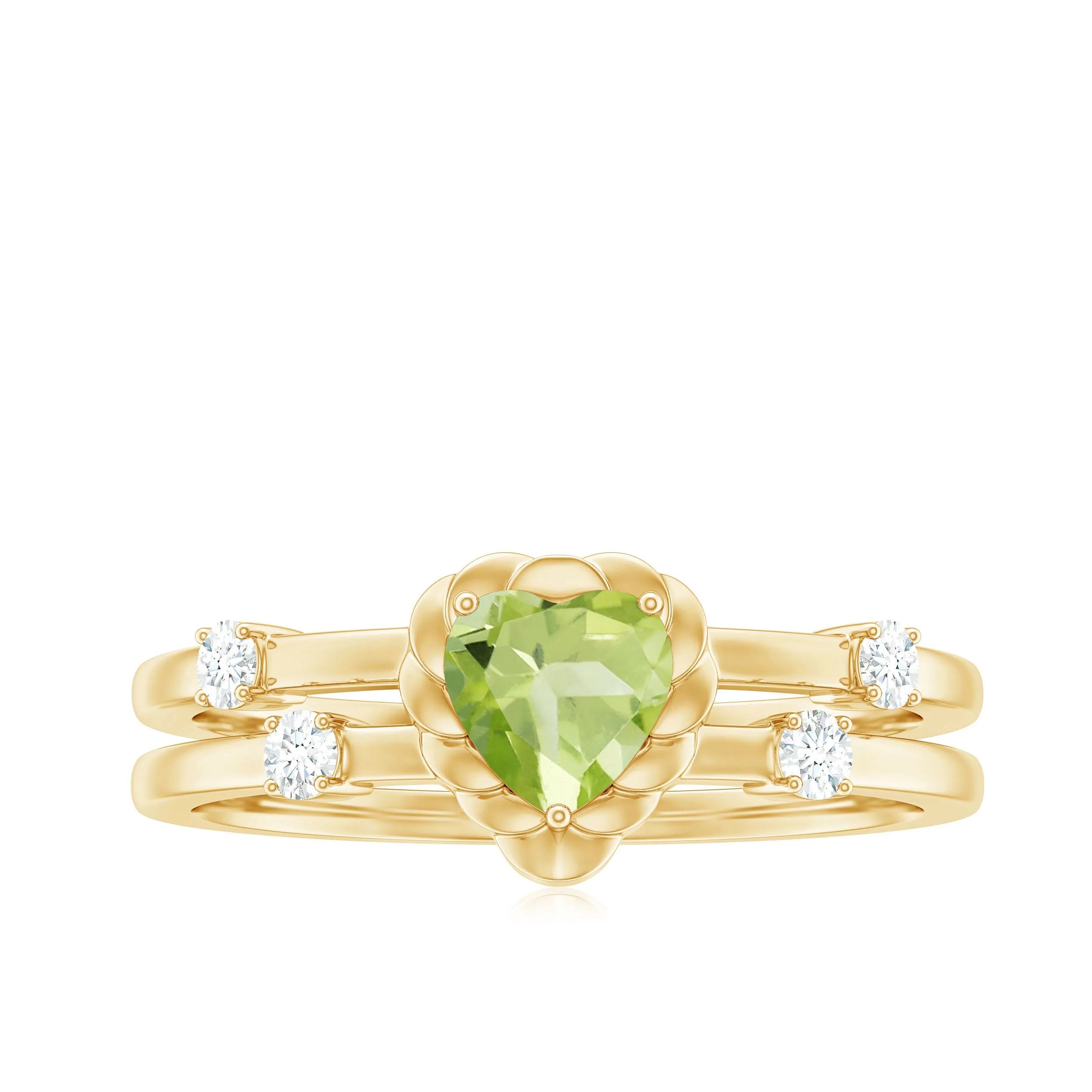 Heart Shape Peridot Solitaire Band Ring with Diamond Stones