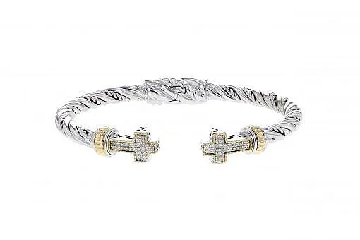 Italian Sterling Silver Two Cross Hinged Bracelet with 0.30ct diamonds and 14K solid yellow gold accents