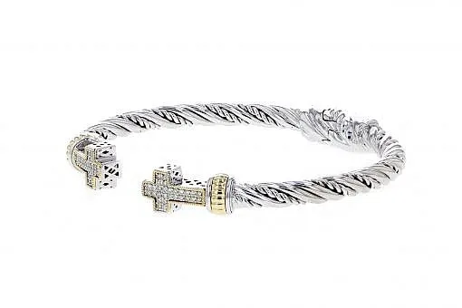 Italian Sterling Silver Two Cross Hinged Bracelet with 0.30ct diamonds and 14K solid yellow gold accents