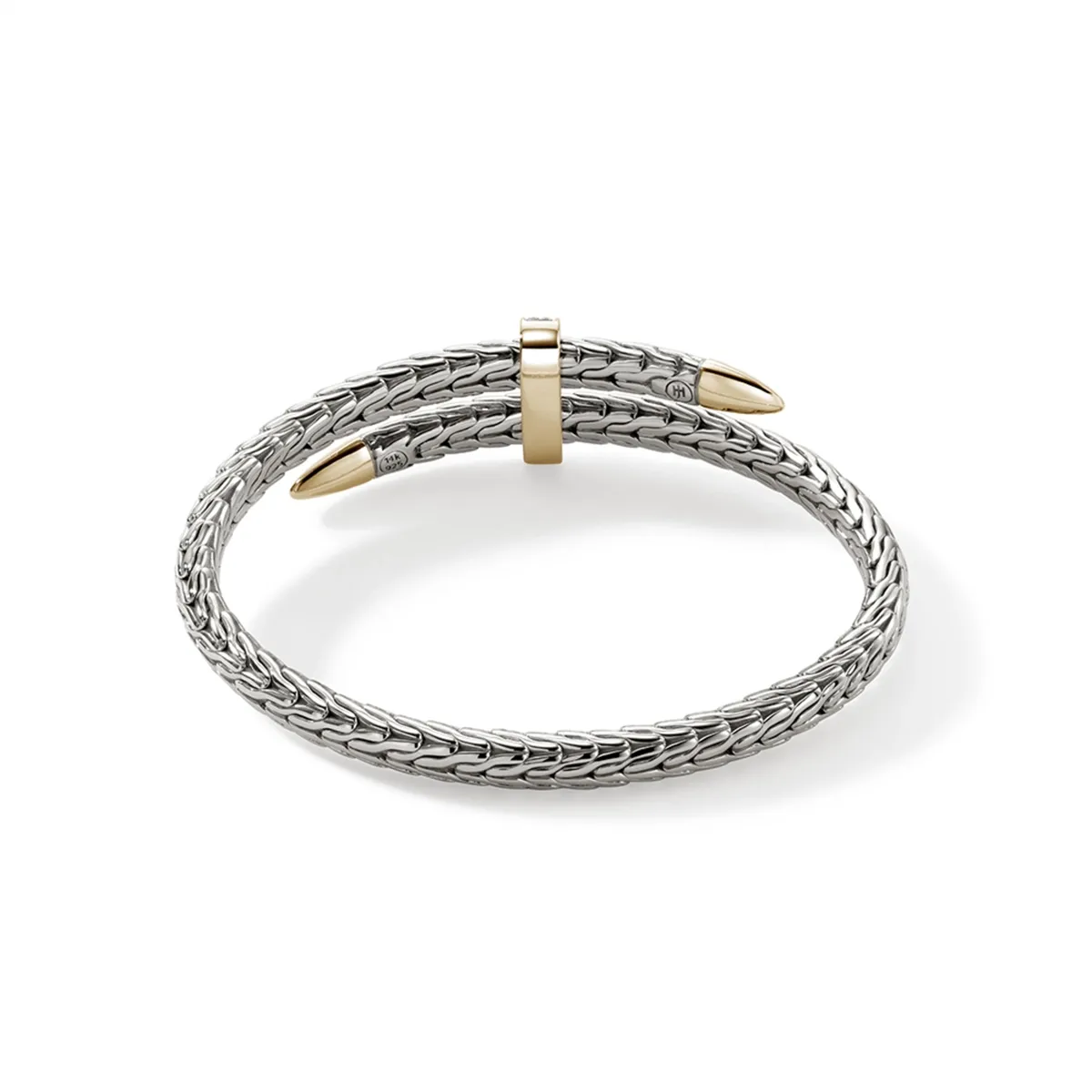 John Hardy Spear Silver and 14K Gold Diamond Pave Bypass Flex Cuff Bracelet