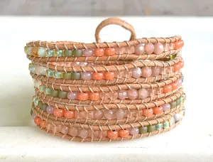 Leather Beaded 5x wrap bracelet with Sunstone and Amazonite