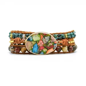 Mardi Gras Jasper Gemstone Leather Wrap Bracelet