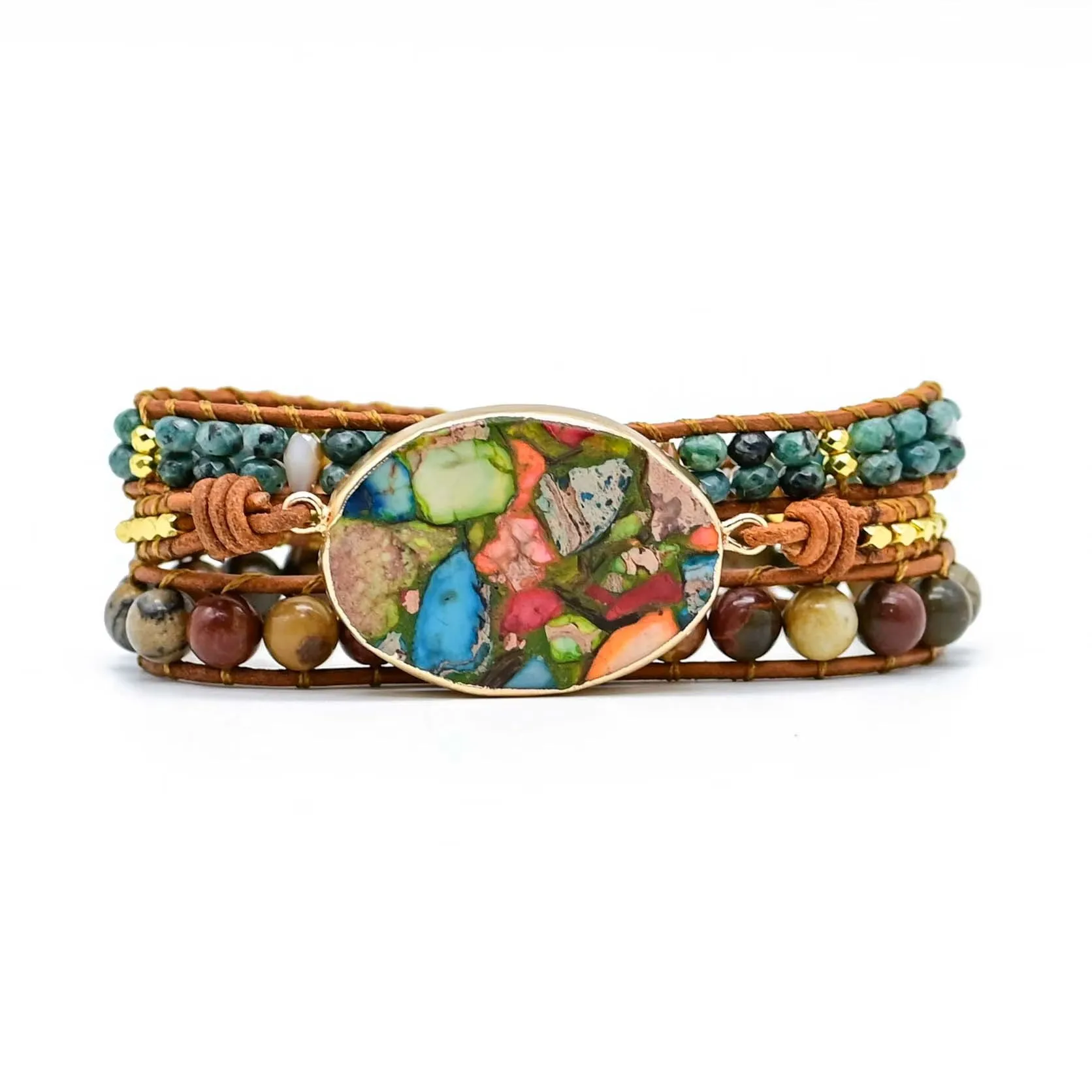 Mardi Gras Jasper Gemstone Leather Wrap Bracelet