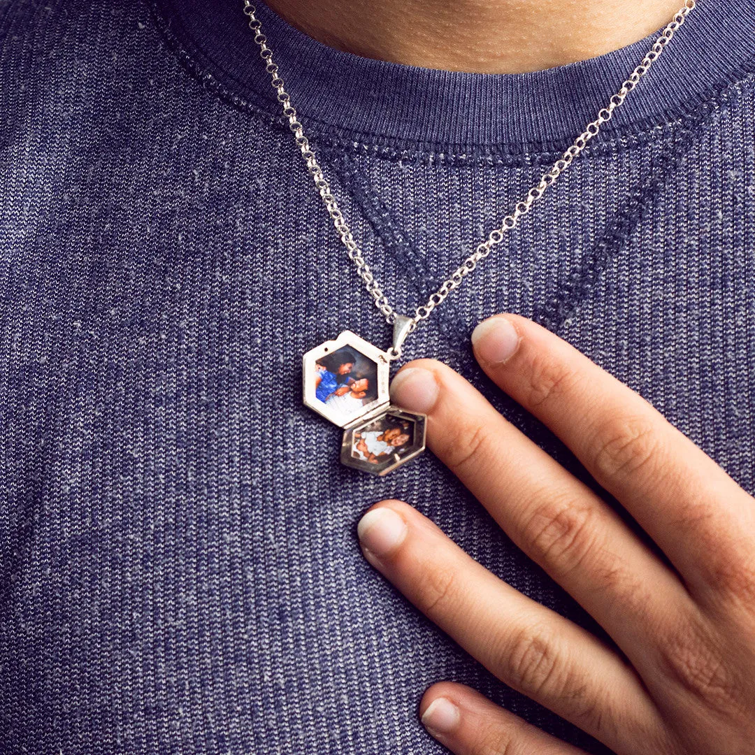 Men's Hexagon Locket Necklace Silver   Photos