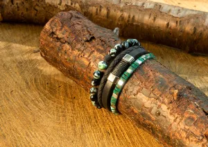 Men’s Natural Hematite Stone Beaded Bracelet, Set of 3 Bracelets with Gemstone Hematite Beaded Bracelet and Genuine Leather Bracelet
