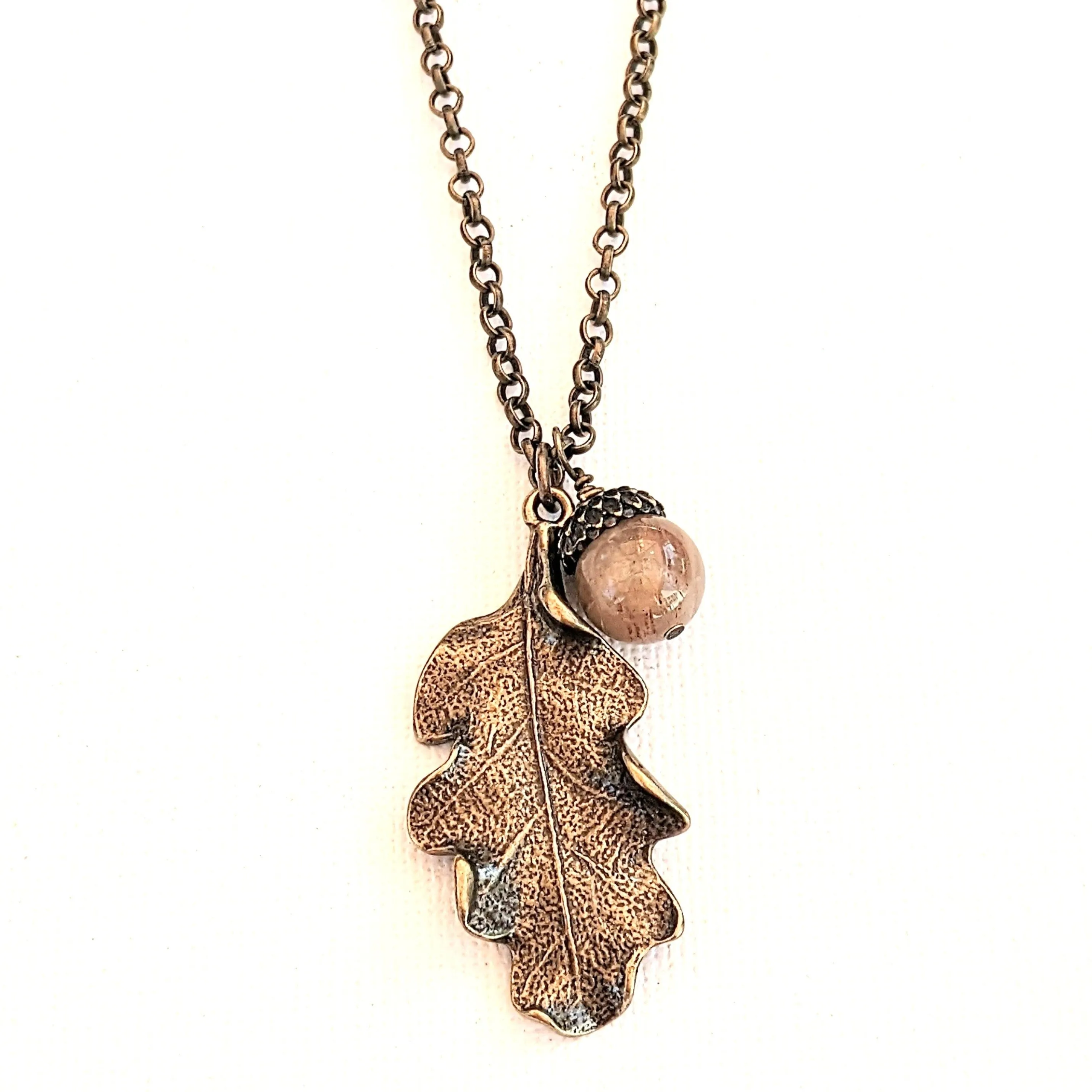 Moonstone Acorn Oak Leaf Necklace, Antique Bronze