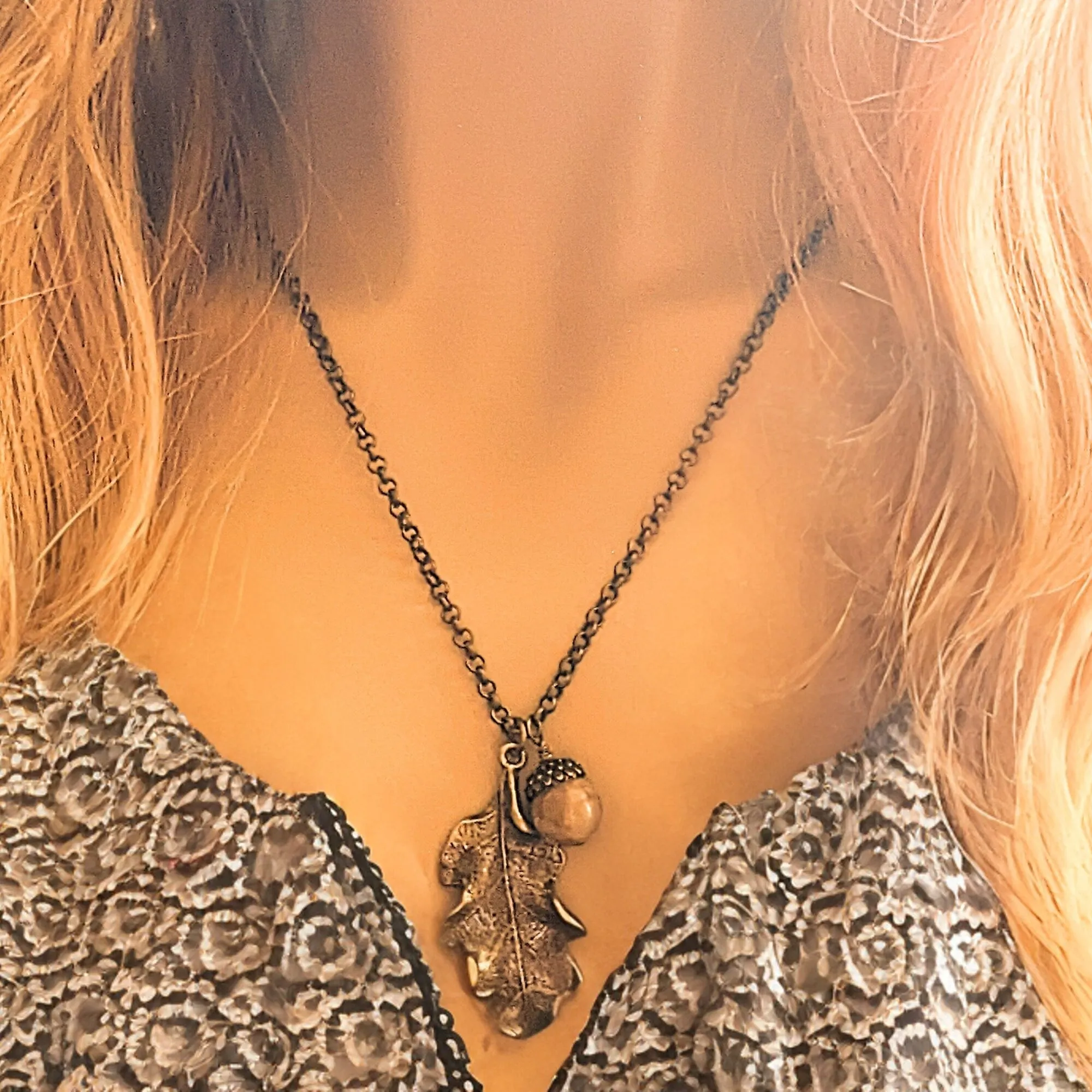 Moonstone Acorn Oak Leaf Necklace, Antique Bronze