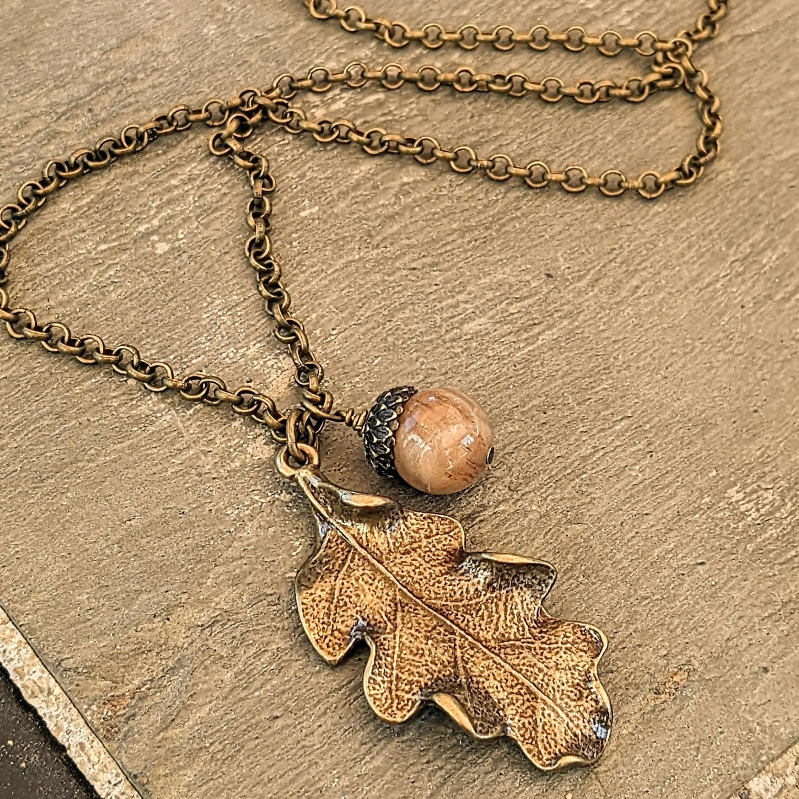 Moonstone Acorn Oak Leaf Necklace, Antique Bronze