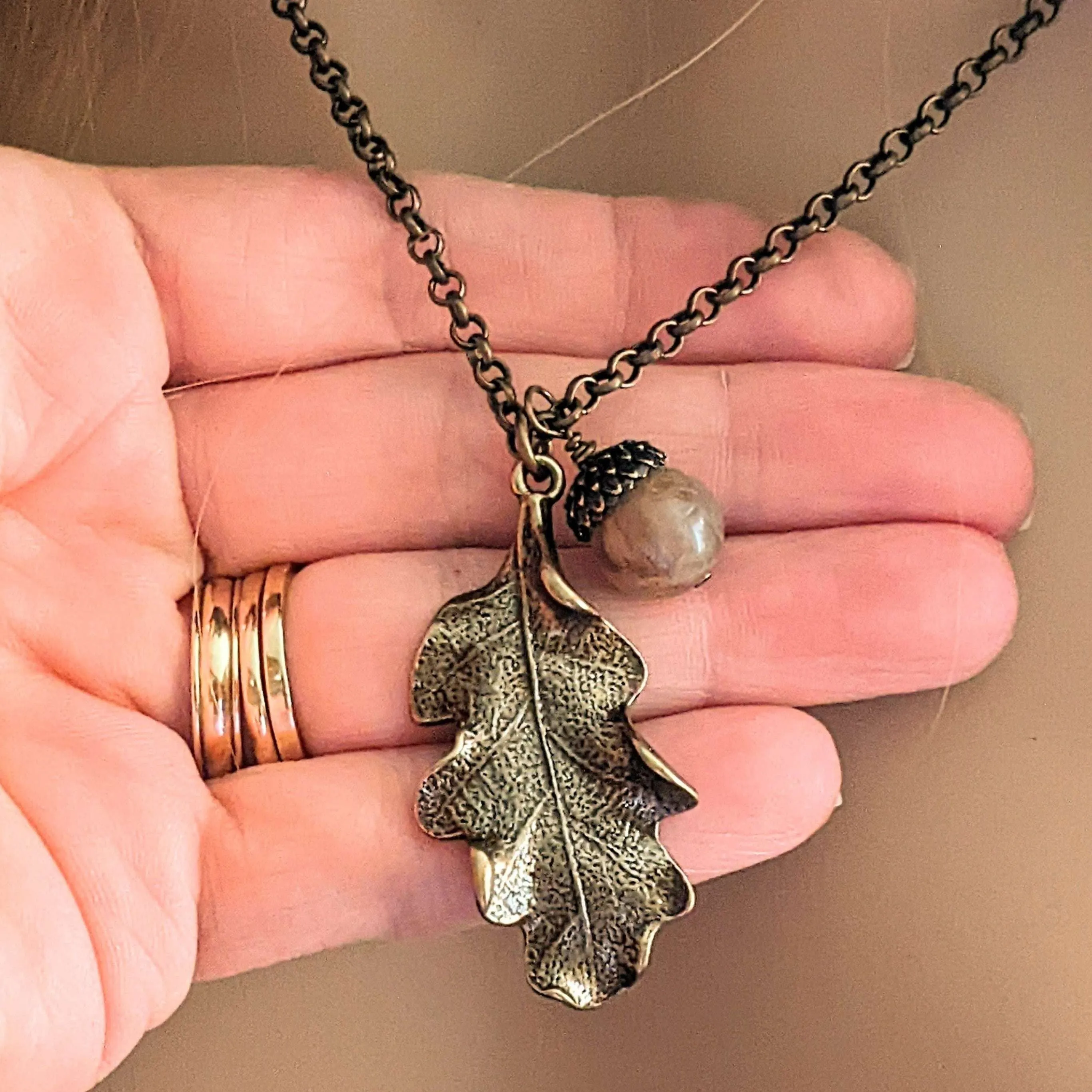 Moonstone Acorn Oak Leaf Necklace, Antique Bronze