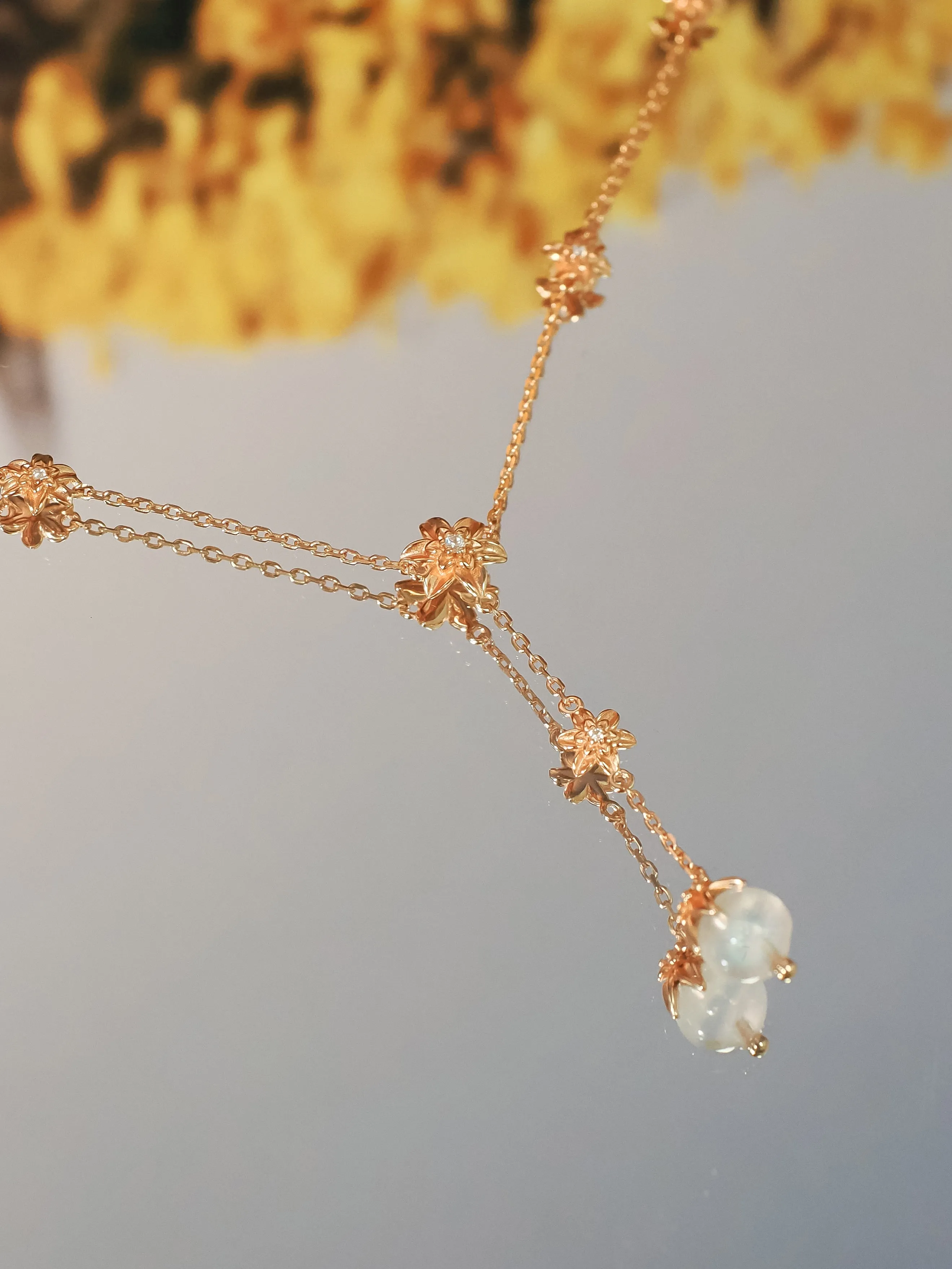 Moonstone Gold Floral	Lariat Necklace - Daffodil