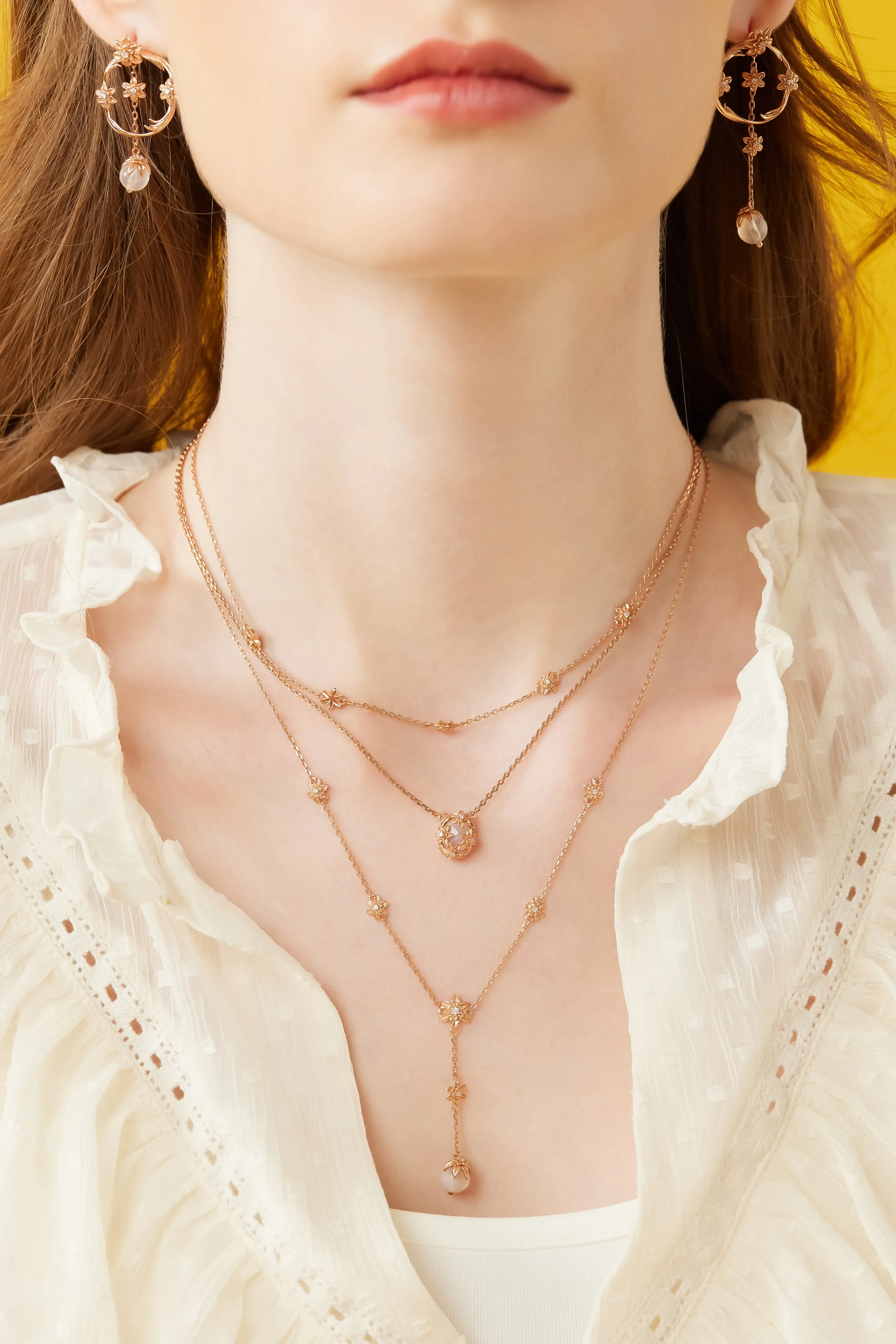Moonstone Gold Floral	Lariat Necklace - Daffodil