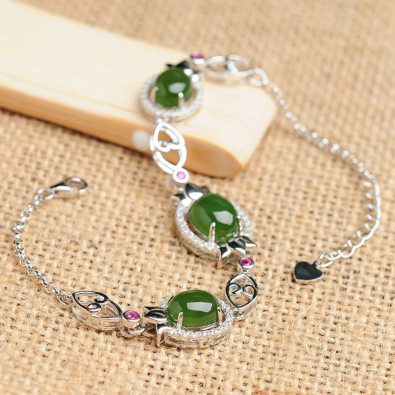 Natural Jade Bracelet Nephrite Silver Adjustable Bracelet WB13