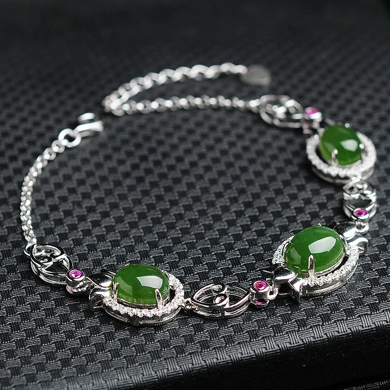 Natural Jade Bracelet Nephrite Silver Adjustable Bracelet WB13