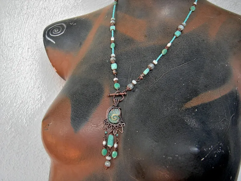 Ocean Spirit Necklace, Aqua Gemstone, Copper & Glass Nautilus