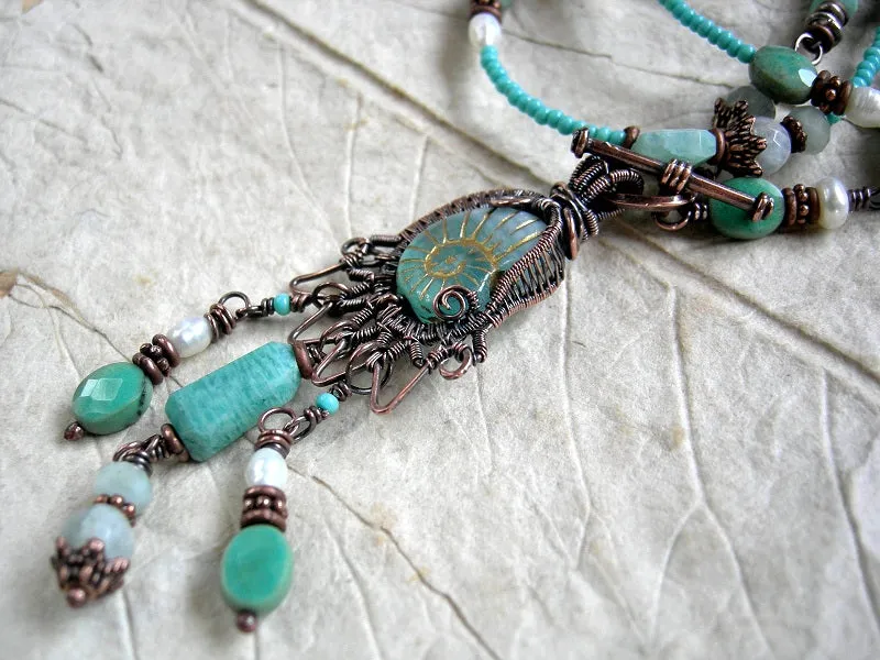 Ocean Spirit Necklace, Aqua Gemstone, Copper & Glass Nautilus