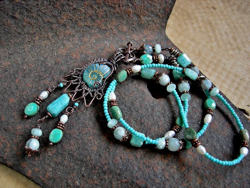 Ocean Spirit Necklace, Aqua Gemstone, Copper & Glass Nautilus