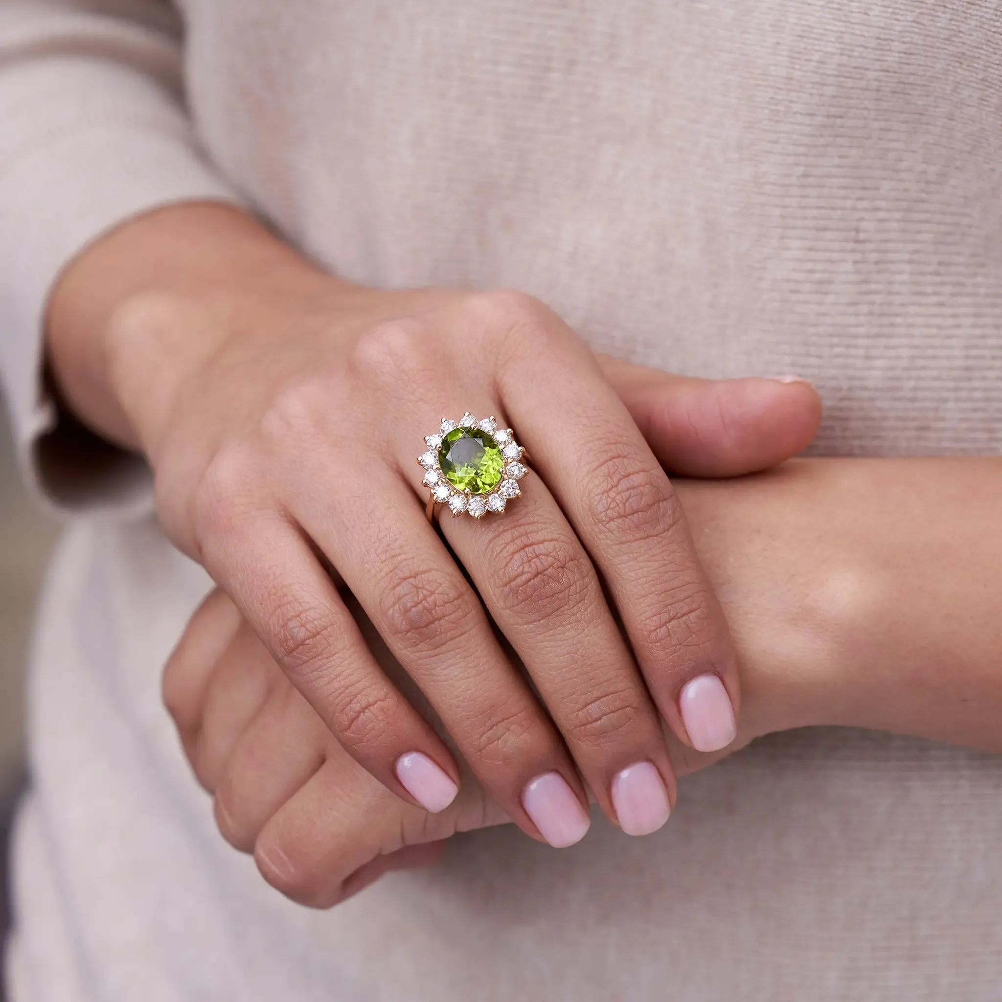 Oval Peridot & Classic Diamond Halo Ring