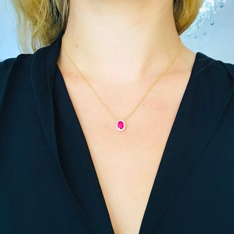 Oval Ruby Diamond Halo Necklace