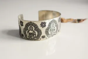 Pancha Buddha Carved White Metal Healing Cuff Bangle