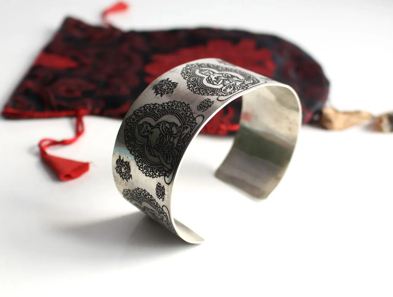 Pancha Buddha Carved White Metal Healing Cuff Bangle